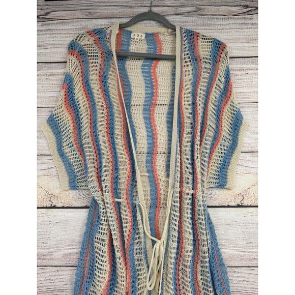 POL Open Knit Cover Up Cardigan Sweater Womens Small Cream Blue Pink - Picture 3 of 11